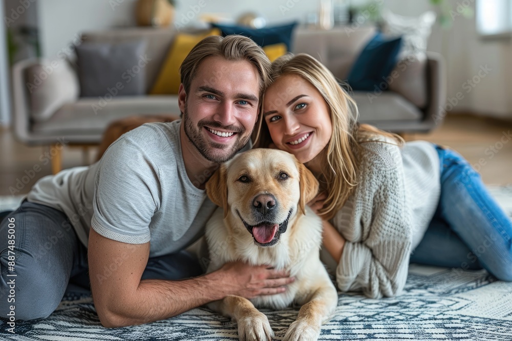 Couple and dog at home Couple and dog at home