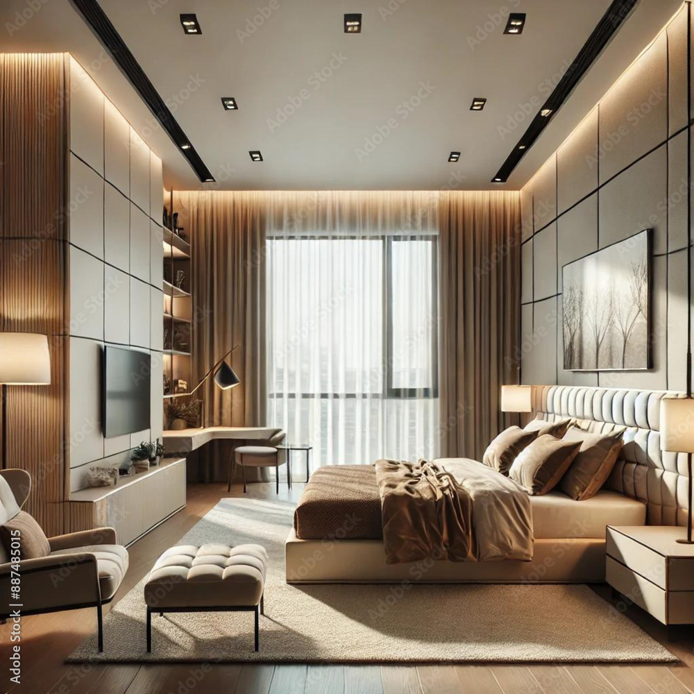 Modern Minimalist Bedroom with Elegant Design and Warm Tones. Modern Minimalist Bedroom with Elegant Design and Warm Tones.