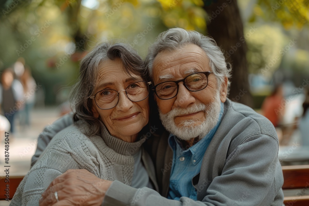 An elderly couple sitting on a park bench An elderly couple sitting on a park bench