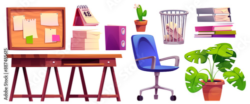 Freelance or remote work interior for flat vector illustration. Business office workplace element set. Student environment object collection for education. 2d furniture with chair, plant and table