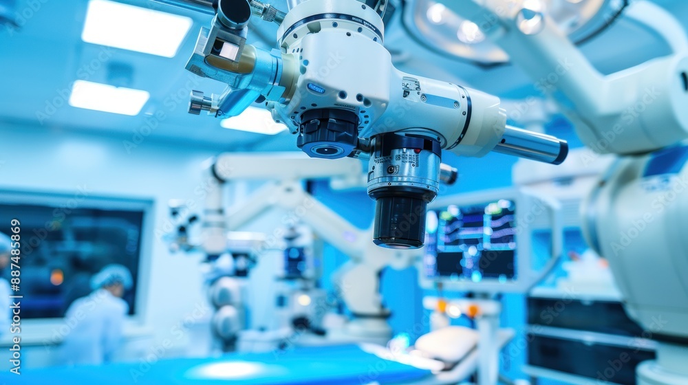 Robot surgery system being demonstrated at a medical conference with minimalist background Robot surgery system being demonstrated at a medical conference with minimalist background