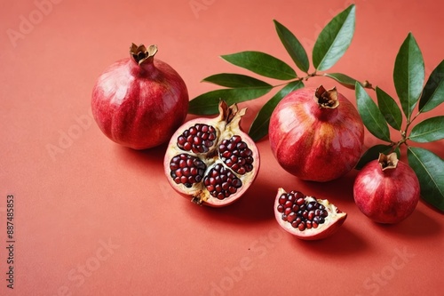 Pomegranates on a coral background, Rosh Hashanah (Jewish New Year holiday) concept. photo