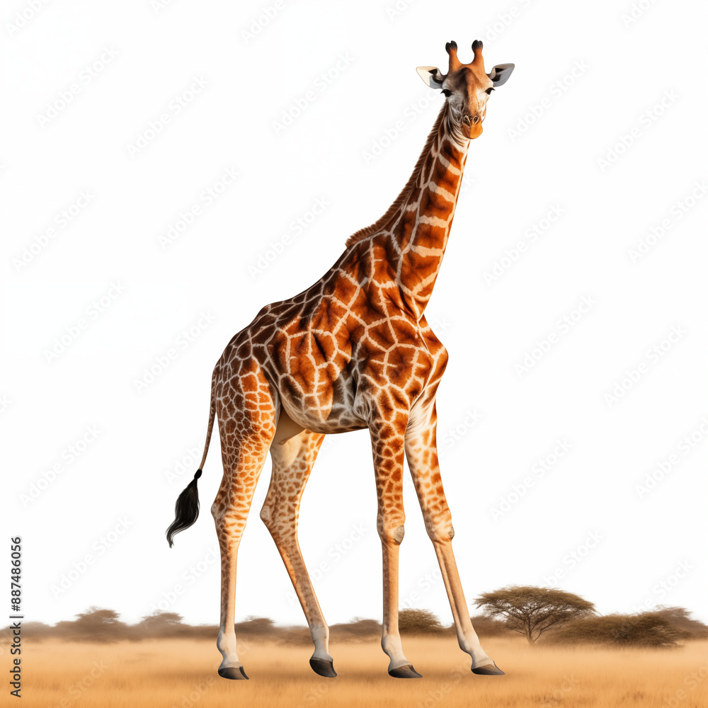 Obraz premium Giraffe Standing Gracefully In The African Savannah With Acacia Trees In Background
