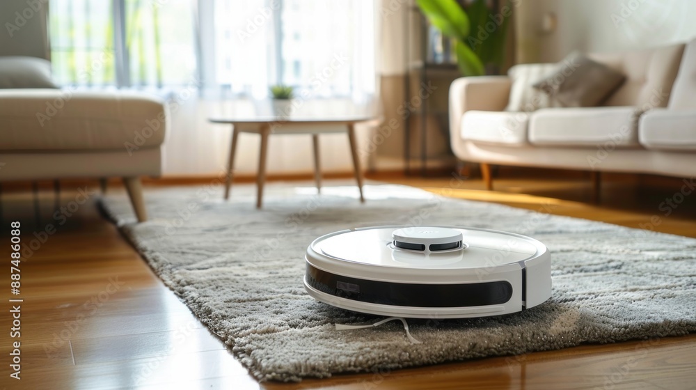 Robot vacuum navigating around furniture in a cozy apartment with minimalist background Robot vacuum navigating around furniture in a cozy apartment with minimalist background