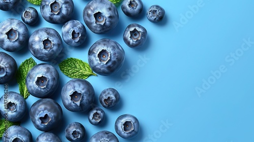  Blueberries with green leaves on blue background