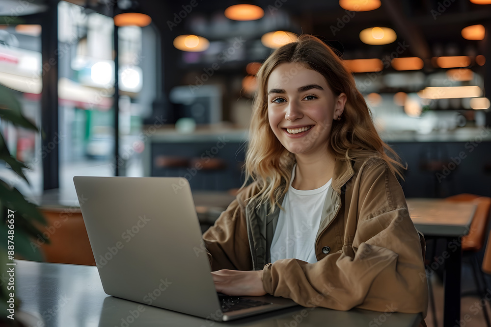 happy young woman, smiling girl student using laptop computer sitting on chair in cafe space working online happy young woman, smiling girl student using laptop computer sitting on chair in cafe space working online