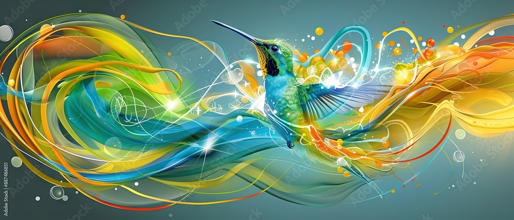 A vibrant depiction of a hummingbird with intricate swirls and bubbles adorning its wings, soaring through the atmosphere A vibrant depiction of a hummingbird with intricate swirls and bubbles adorning its wings, soaring through the atmosphere