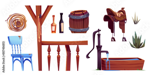 Western saloon bar wooden interior cartoon. Old tavern illustration with isolated saddle, chair and counter. Retro pub design collection for desert Texas game. Water basin and plant asset kit