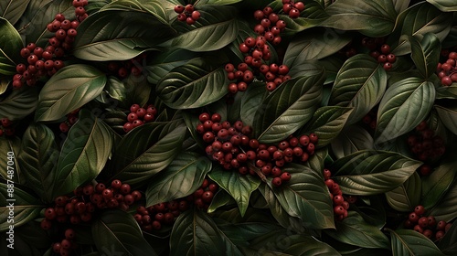   A picture of red berries closely clustered on a leafy green plant © Anna