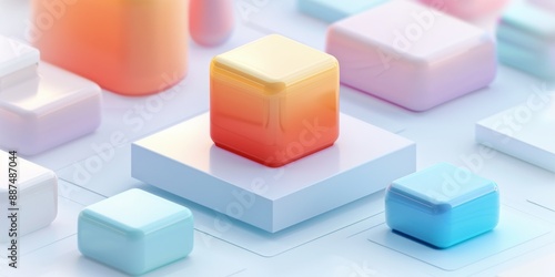 Abstract Futuristic 3D Render Minimalistic Style with Floating Geometric Shapes Isometric Design, Light Color Theme, Bright Background, and Soft Lighting