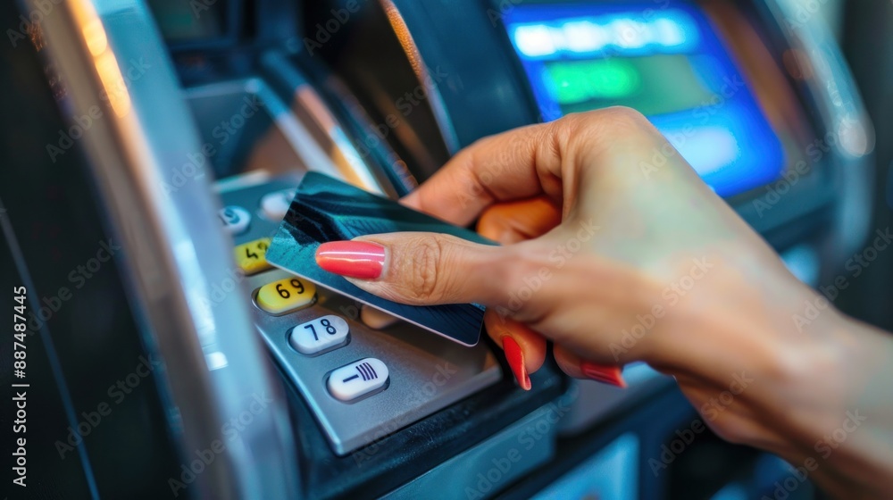 Close-up of female hand swiping card in ATM for financial transaction Close-up of female hand swiping card in ATM for financial transaction