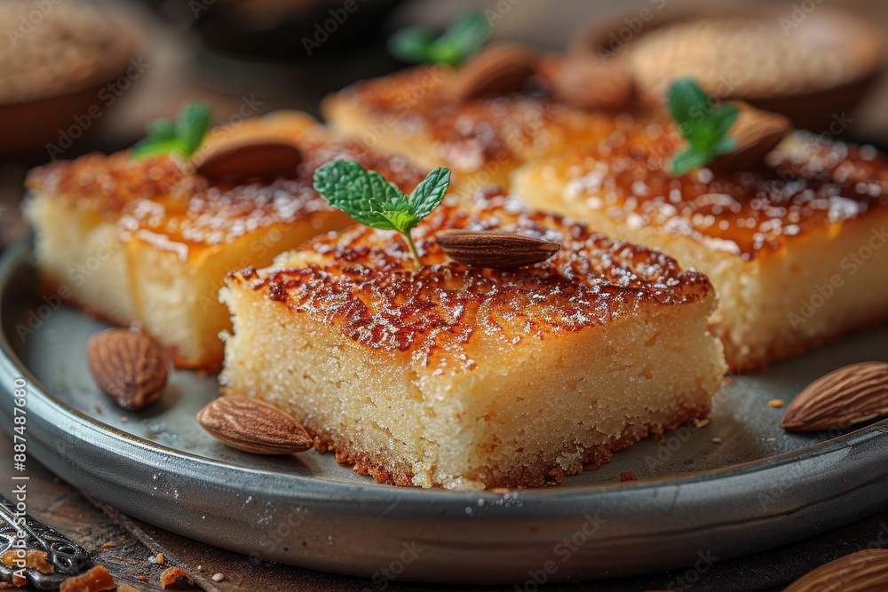Egypt Basbousa A piece of semolina cake soaked in syrup, garnished with a blanched almond on top and served on a silver plate. Egypt Basbousa A piece of semolina cake soaked in syrup, garnished with a blanched almond on top and served on a silver plate.