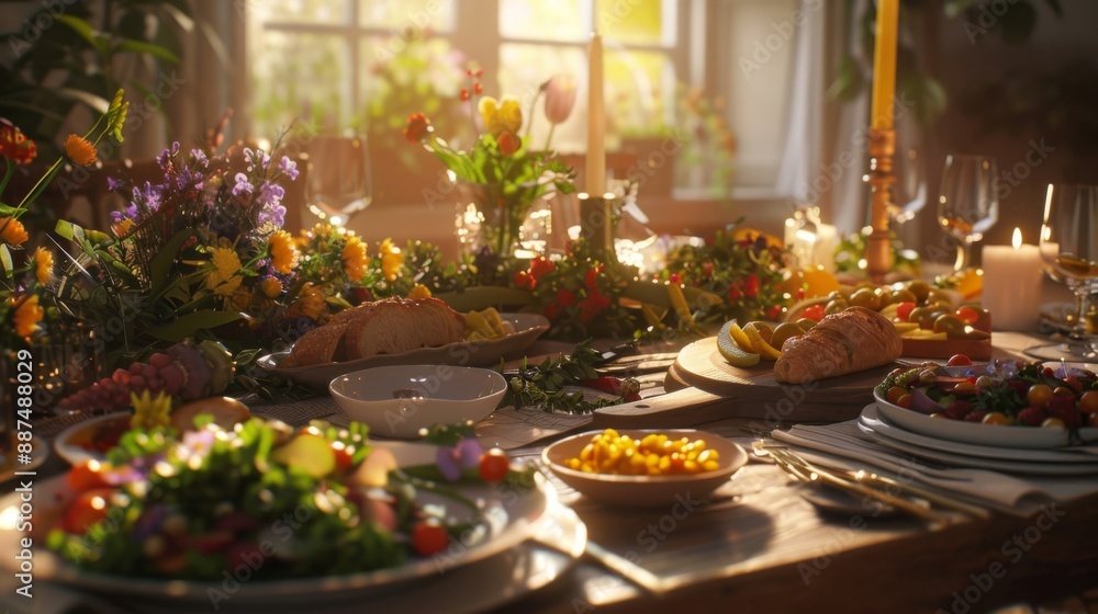 Elegant dinner table set for a feast. Sunlight warms the room highlighting colorful dishes, fresh flowers, and cozy atmosphere perfect for gatherings. Elegant dinner table set for a feast. Sunlight warms the room highlighting colorful dishes, fresh flowers, and cozy atmosphere perfect for gatherings.