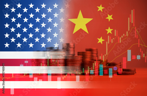 USA and China flag on coins stacking. Represents symbol of economic tariffs trade war and tax barrier between United States of America and China, Recession conflict tax business finance money photo