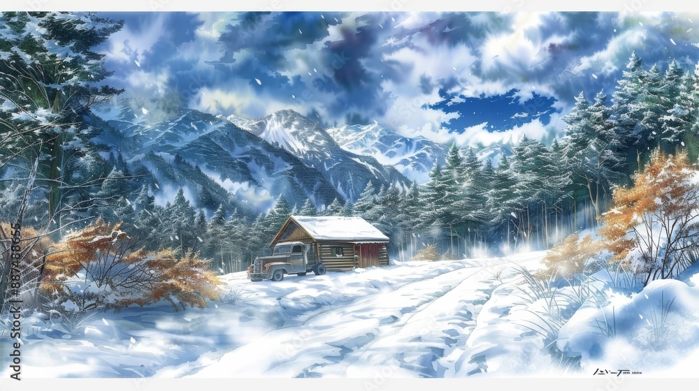 Fototapeta premium A watercolor painting of a cabin tucked away in the snow covered woods with an old fashioned truck parked to the side