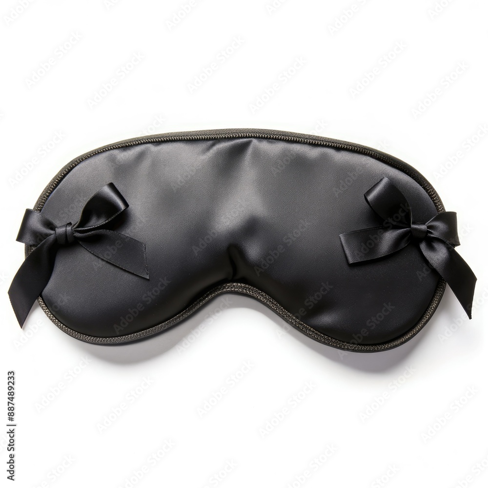 A luxurious, smooth, black satin eye mask with a delicate ribbon tie, perfectly positioned on a pristine white background, evoking relaxation and tranquility. A luxurious, smooth, black satin eye mask with a delicate ribbon tie, perfectly positioned on a pristine white background, evoking relaxation and tranquility.