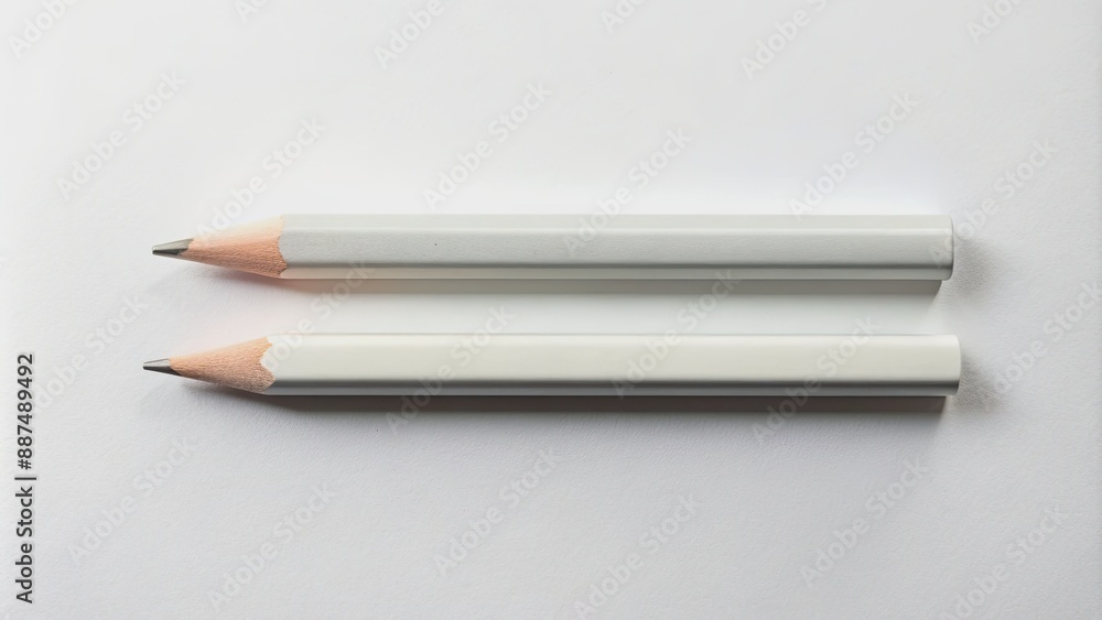 Fototapeta premium Isolated white pencil laying horizontally on a clean white background, emphasizing simplicity and minimalism with a single, unsharpened, number two graphite writing instrument.