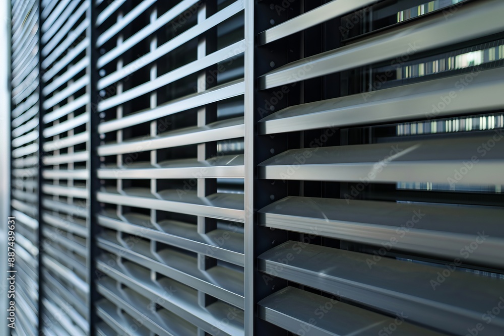Close-up of the window blinds on an office building, showing intricate details and textures Close-up of the window blinds on an office building, showing intricate details and textures