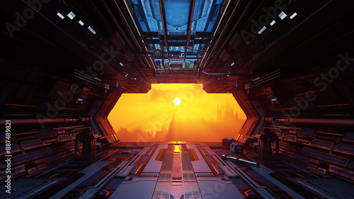 Fototapeta Naklejka Na Ścianę i Meble -  Futuristic spaceship interior with a large window showcasing a vibrant orange sunset and a distant cityscape. The view is from the interior of the spacecraft, looking out. 3d render