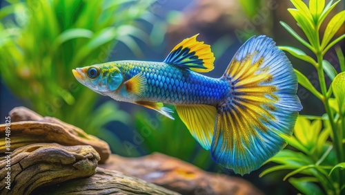 Vibrant blue and yellow fancy guppy fish swims elegantly in a thriving freshwater aquarium, surrounded by lush green aquatic plants and natural driftwood decorations.