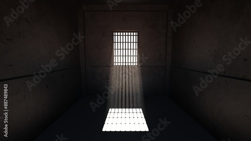 Foto Solitary ray of light illuminates the dusty floor of a prison cell, streaming in through a barred window