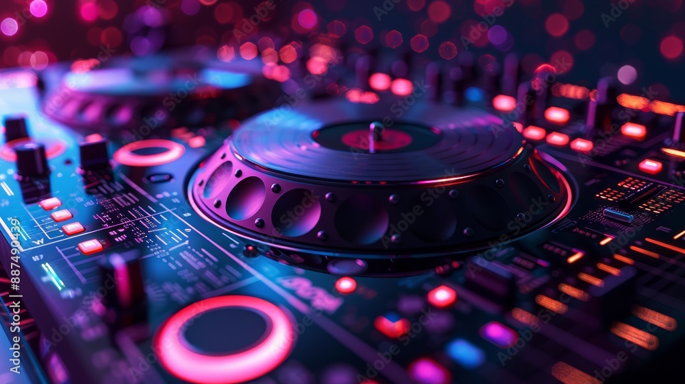 Obraz premium Interactive 3D DJ Turntable with Glowing Neon Effects