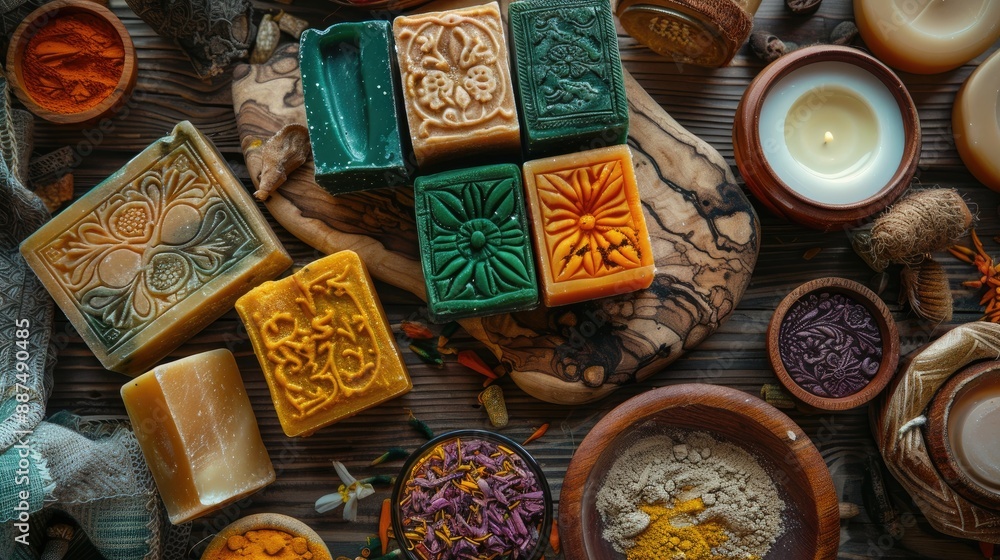 Henna blocks and natural soaps on wooden table Henna blocks and natural soaps on wooden table