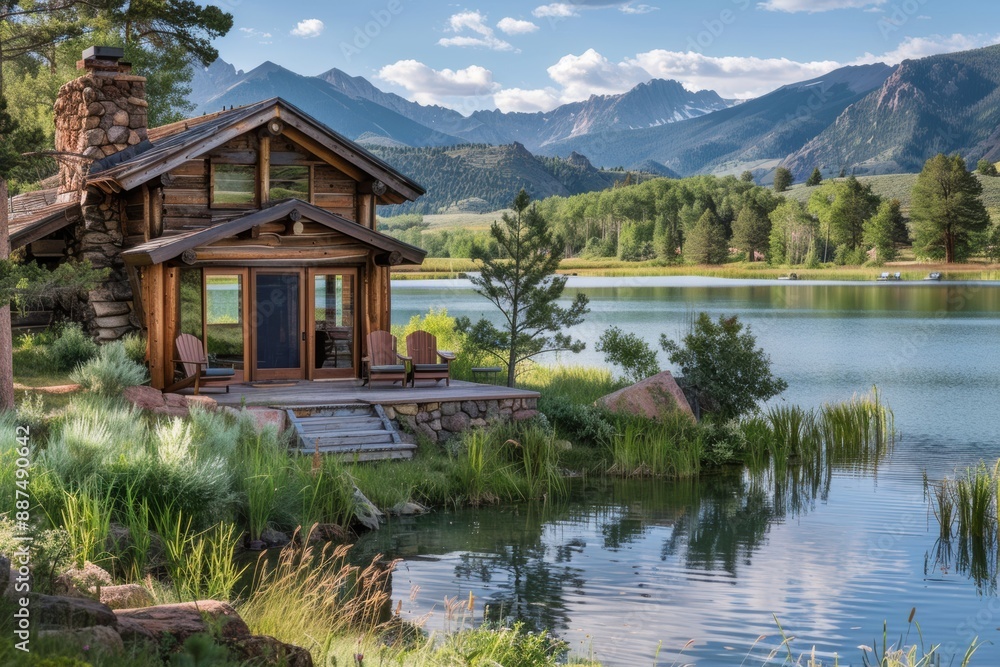 Fototapeta premium A cozy, rustic cabin by a serene lake, with mountains in the background