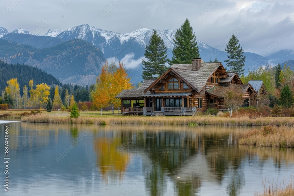 A cozy, rustic cabin by a serene lake, with mountains in the background A cozy, rustic cabin by a serene lake, with mountains in the background