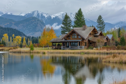 A cozy, rustic cabin by a serene lake, with mountains in the background