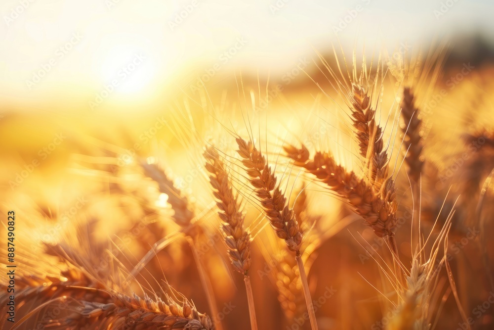A close-up of a wheat field with sunlight filtering through the grain in the foreground A close-up of a wheat field with sunlight filtering through the grain in the foreground