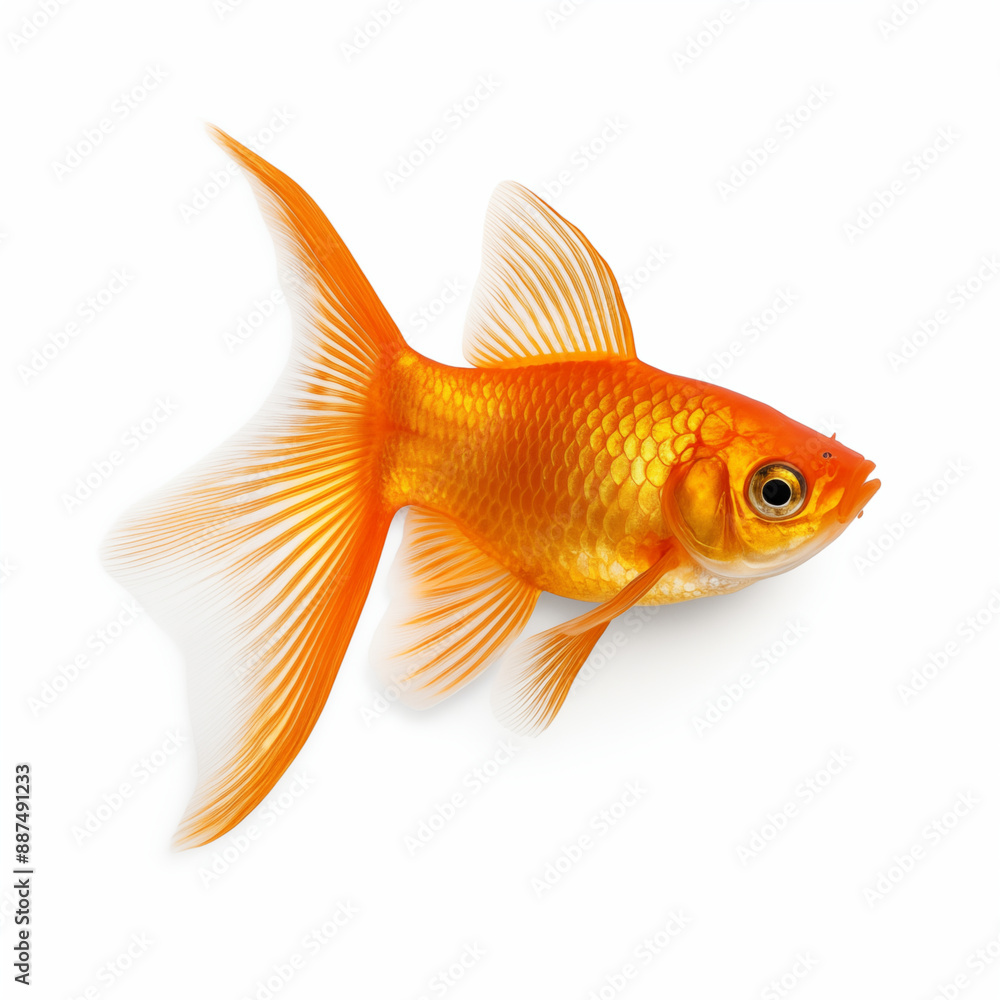 Goldfish with Vibrant Orange Scales and White Fins Swimming Elegantly in Clear Water on a White Background Goldfish with Vibrant Orange Scales and White Fins Swimming Elegantly in Clear Water on a White Background