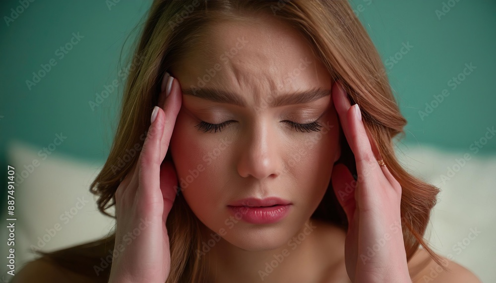 young woman with headache on bed young woman with headache on bed