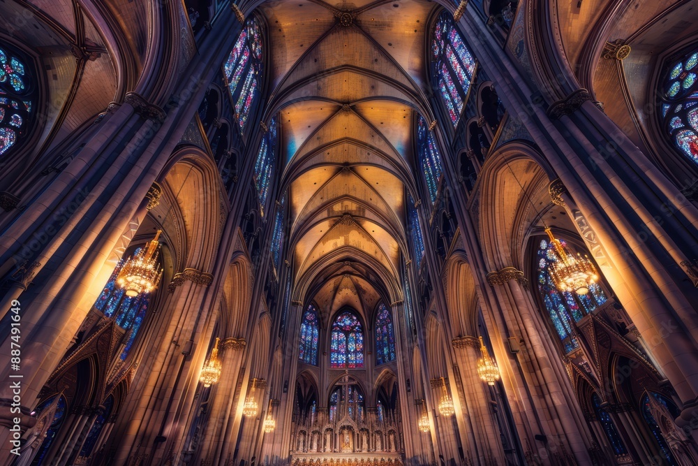A grand, ornate cathedral with detailed stained glass windows and towering spires A grand, ornate cathedral with detailed stained glass windows and towering spires