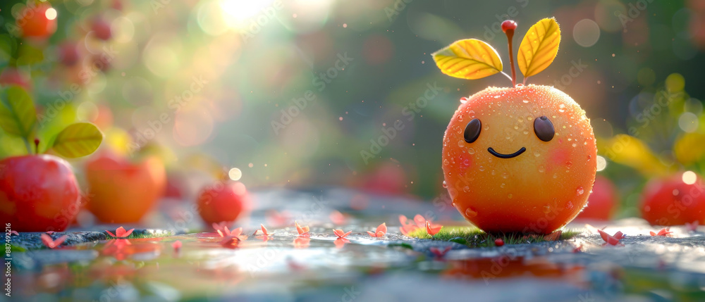 A happy cartoon apple with a smile on its face sitting on ground with other apples A happy cartoon apple with a smile on its face sitting on ground with other apples