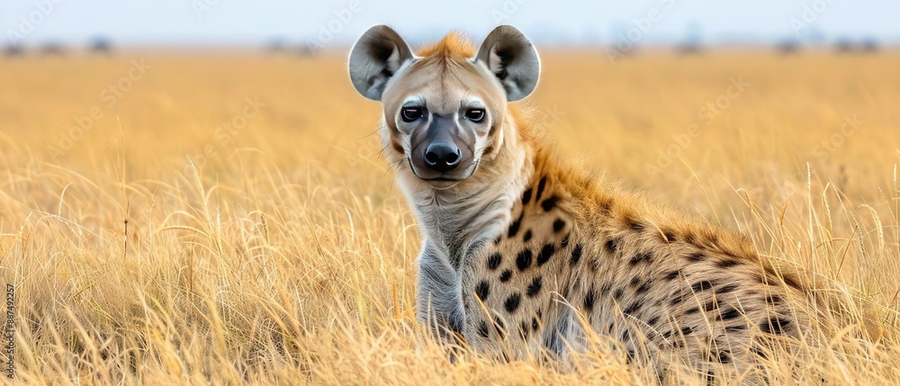 Obraz premium A close-up of a hyena in a field of tall grass, with a blue sky in the background
