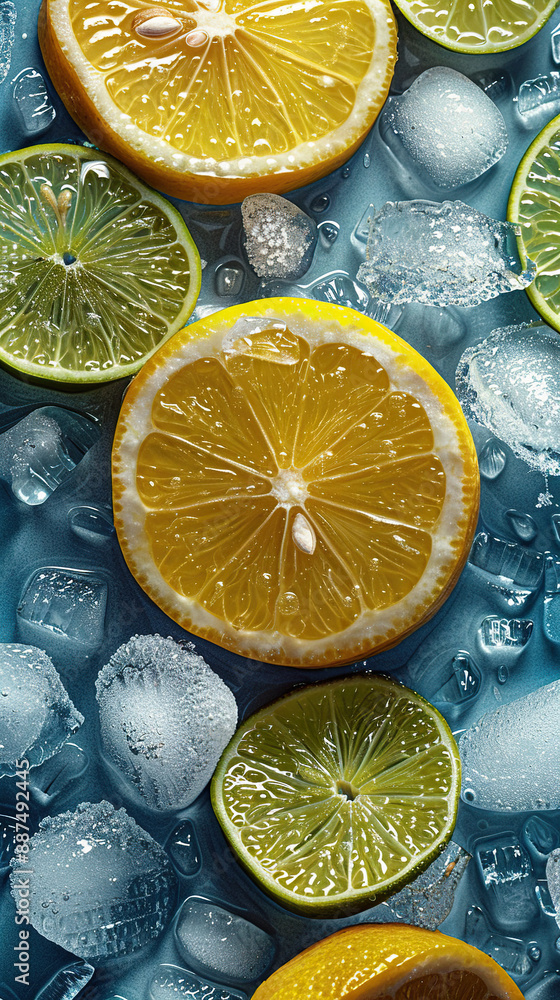 Citrus lemonade. Top view of citrus slices, ice cubes and water. Generated by artificial intelligence Citrus lemonade. Top view of citrus slices, ice cubes and water. Generated by artificial intelligence