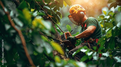 An arborist is working high in the canopy of a tree using a chainsaw to trim branches