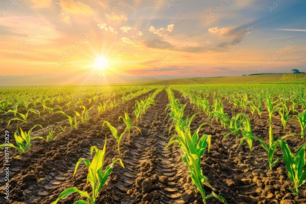 Agricultural corn plantation on field with sunset background Agricultural corn plantation on field with sunset background