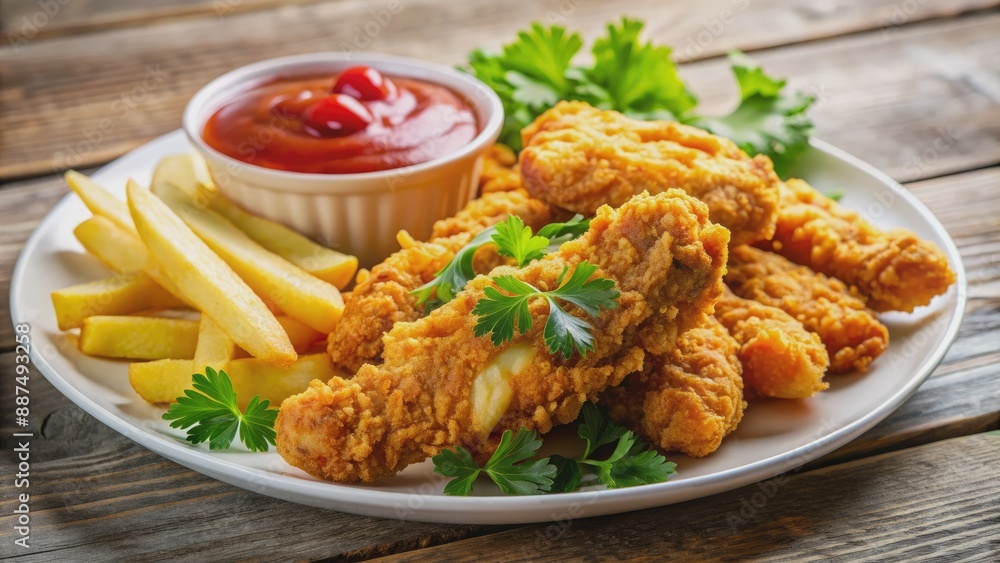 Golden-brown crispy fried chicken fingers served alongside steaming hot French fries on a white plate, garnished with fresh parsley and a side of tangy ketchup. Golden-brown crispy fried chicken fingers served alongside steaming hot French fries on a white plate, garnished with fresh parsley and a side of tangy ketchup.