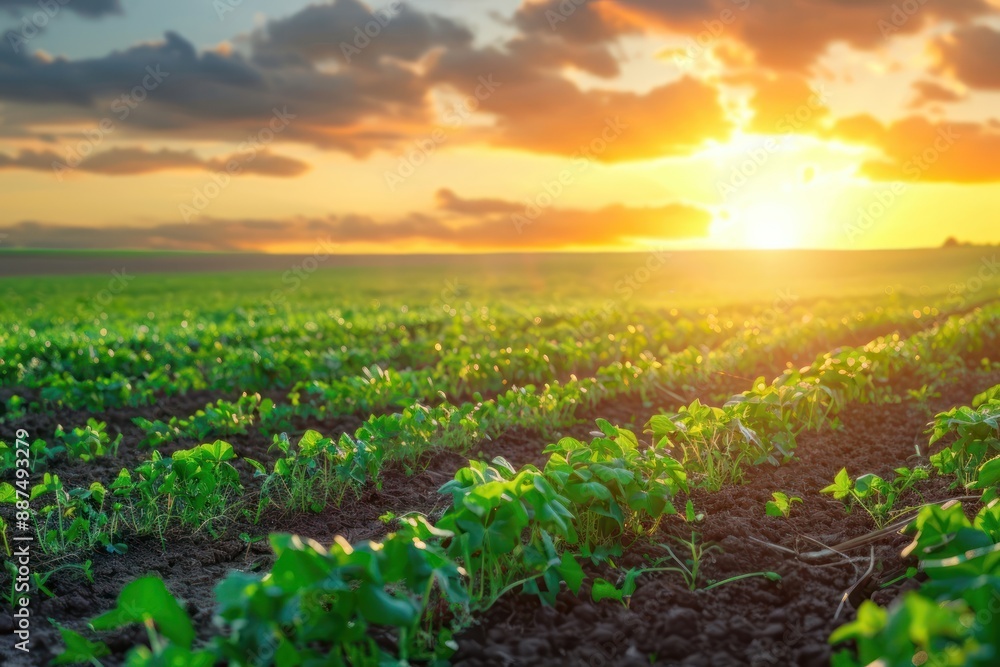 Naklejka premium Agricultural peas plantation on field with sunset background