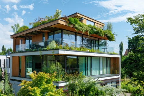 A modern, eco-friendly home with large windows and a rooftop garden