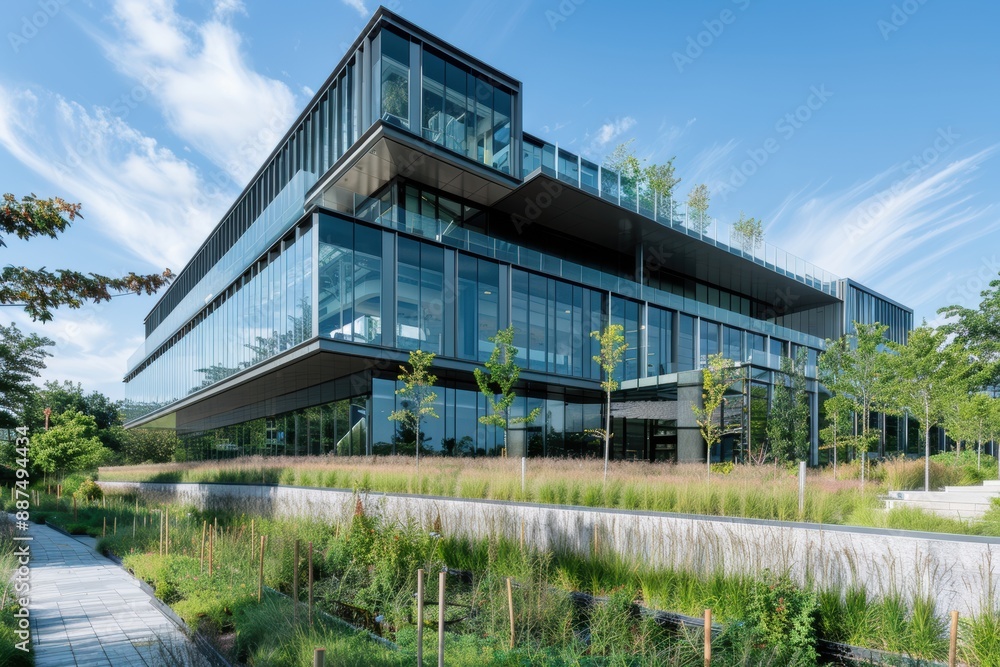 A sleek, ultra-modern office building with a glass facade and rooftop terrace A sleek, ultra-modern office building with a glass facade and rooftop terrace