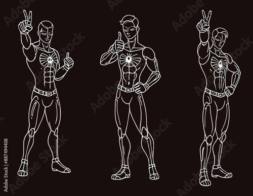 Superhero Silhouettes: Three Poses of a Muscular Character in Black and White