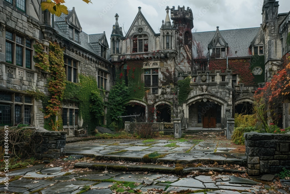 Obraz premium A sprawling Gothic mansion with intricate stonework and ivy-covered walls