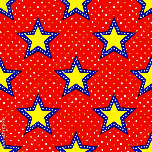 Star-studded pattern with vibrant red and yellow stars on a blue and yellow background