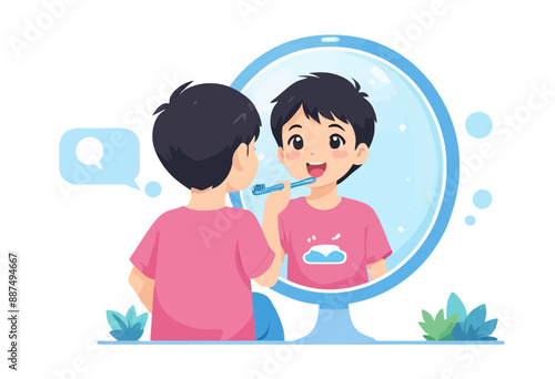 Smiling Boy Brushing Teeth in Mirror