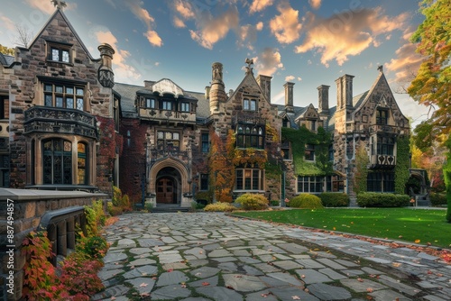 A sprawling Gothic mansion with intricate stonework and ivy-covered walls photo