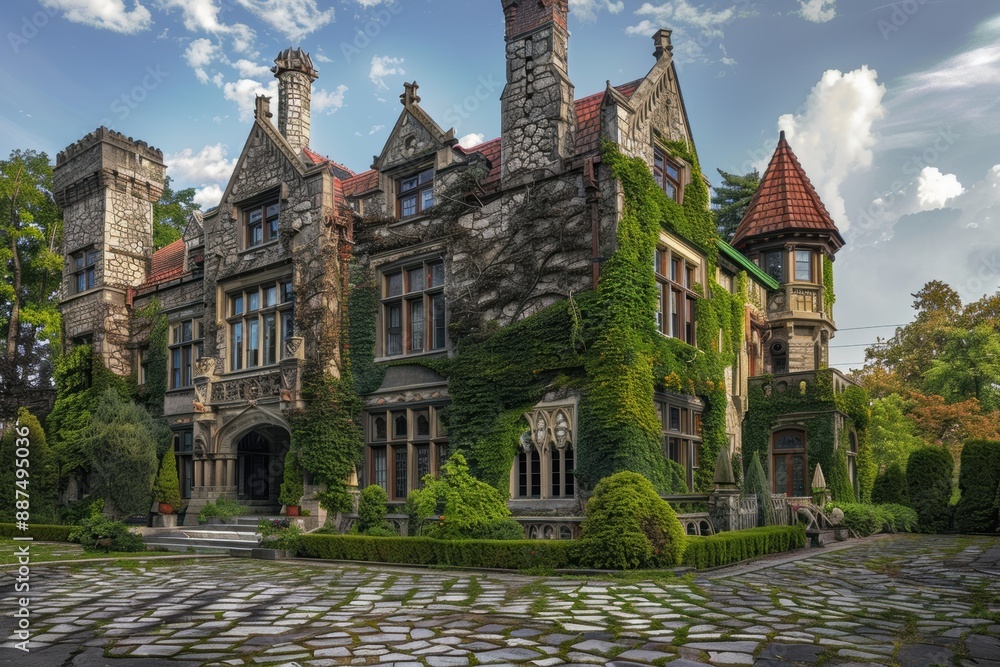 Obraz premium A sprawling Gothic mansion with intricate stonework and ivy-covered walls