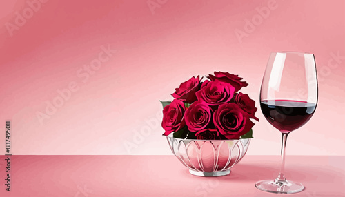 Rose Bouquet and Wine Glass on Pink Background